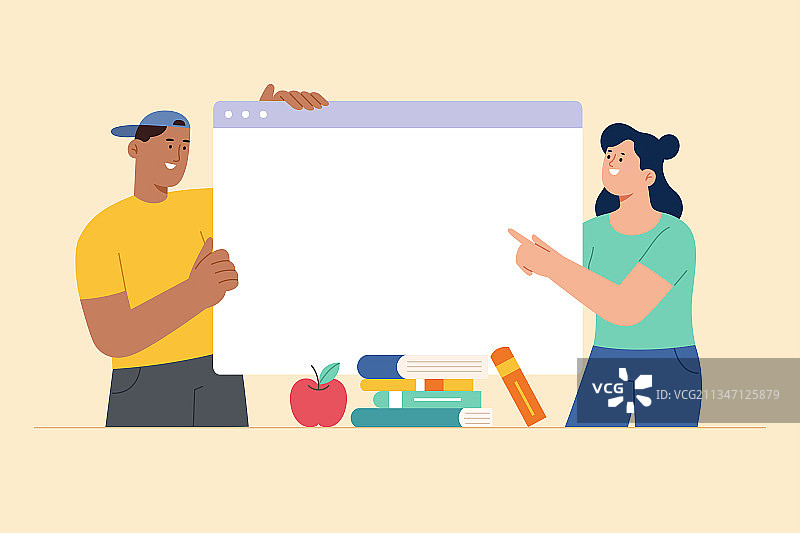 线上学习的学生手持空白浏览器视窗图片素材