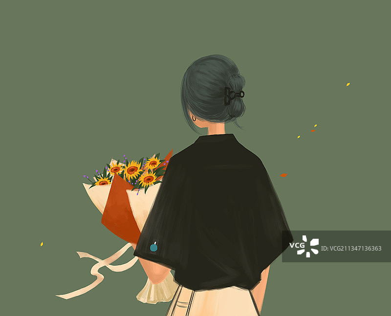 抱着花束的女孩背影图片素材