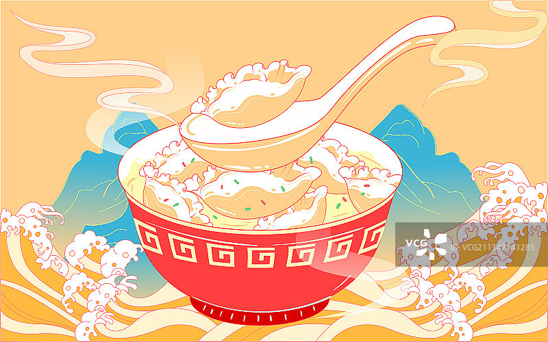 立冬吃饺子插画冬至节气春节美食国潮风海报图片素材
