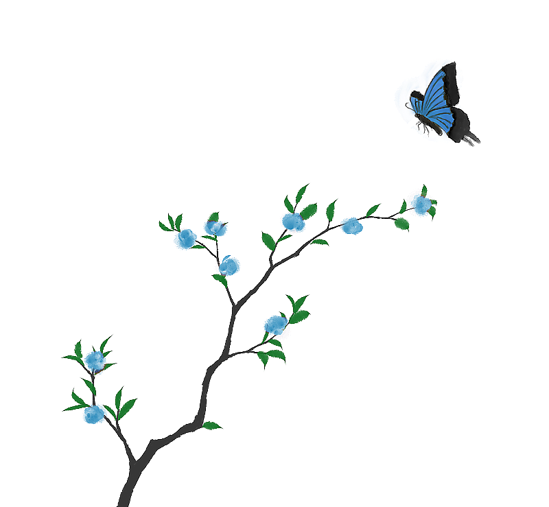 蓝色蝴蝶花中式手绘素材图片素材