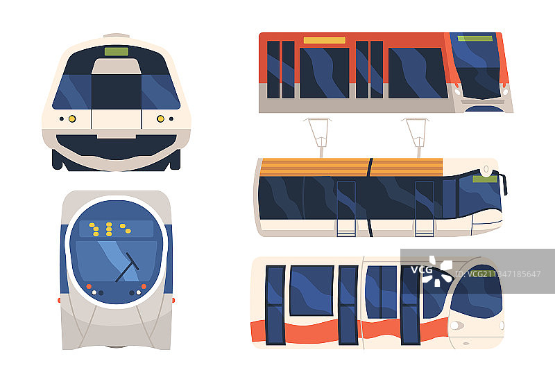 火车、有轨电车、地铁正面和侧面视图合集图片素材