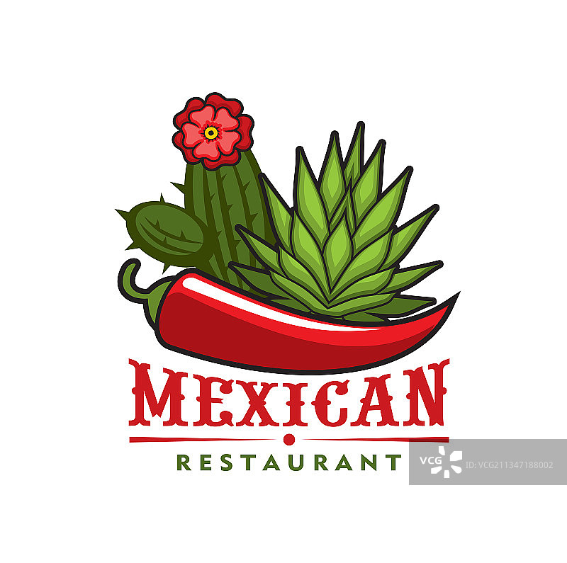 墨西哥餐厅图标：红辣椒和龙舌兰仙人掌图片素材