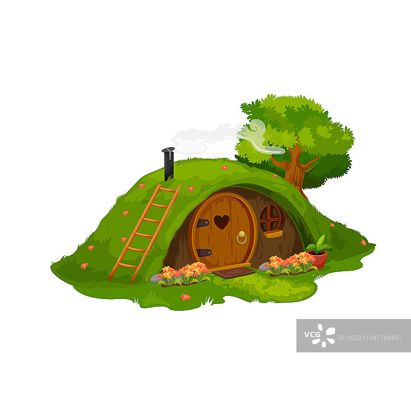 小山下的童话霍比特人或矮人房屋图片素材