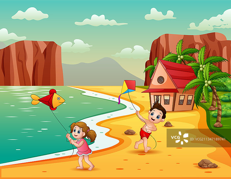 快乐的孩子们在海滩放风筝图片素材