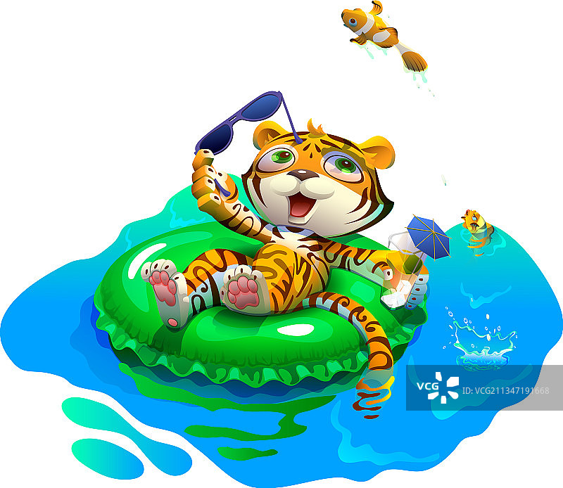 可爱的小老虎在充气圈上游泳图片素材