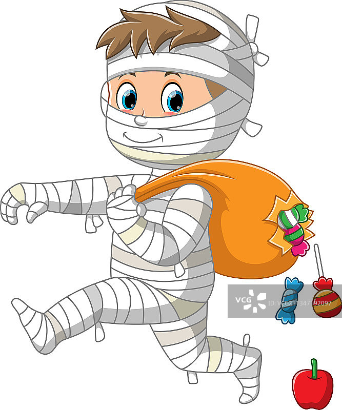 木乃伊携带装满水果的麻袋图片素材