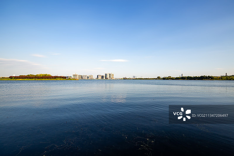 中国河南郑州郑东新区夏季北龙湖湿地公园低视角拍摄全景图片素材