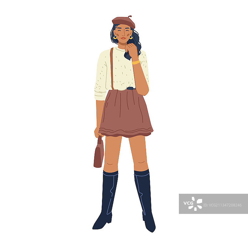 穿着裙子和高筒皮靴的秋季时尚女人图片素材