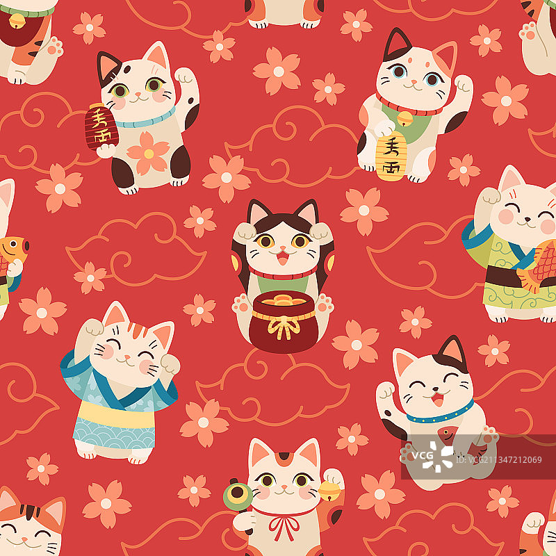 日式招财猫无缝图案图片素材