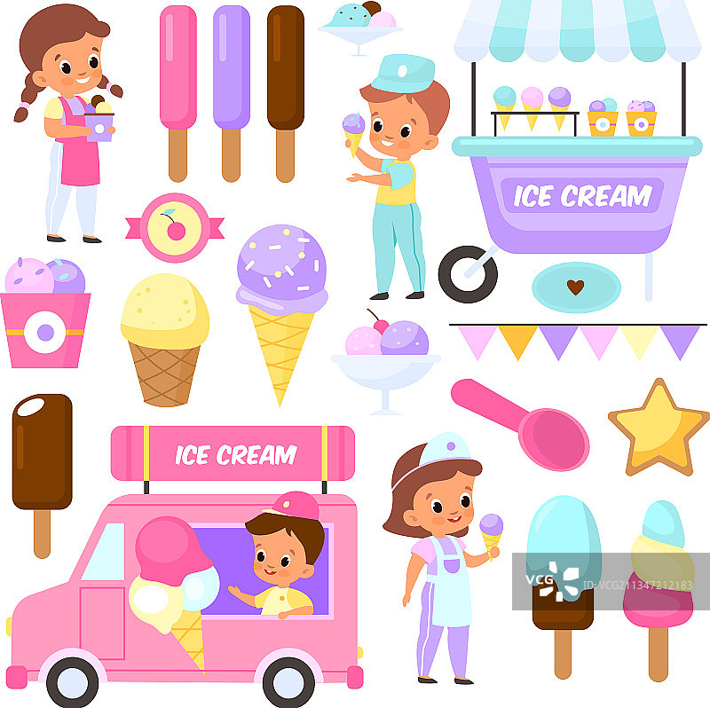卖冰淇淋的可爱儿童与糖果图片素材