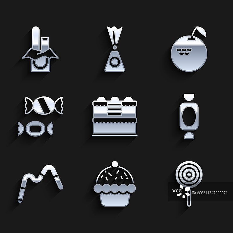 蛋糕、纸杯蛋糕、棒棒糖、糖果、软糖蠕虫组合图片素材