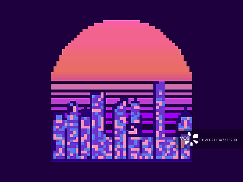 像素风格日落城市8位元城市景观图片素材