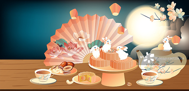 中秋节月饼和花茶国潮矢量插画图片素材