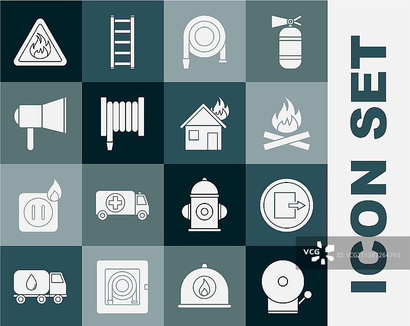响铃闹钟、消防出口、篝火和水管图片素材