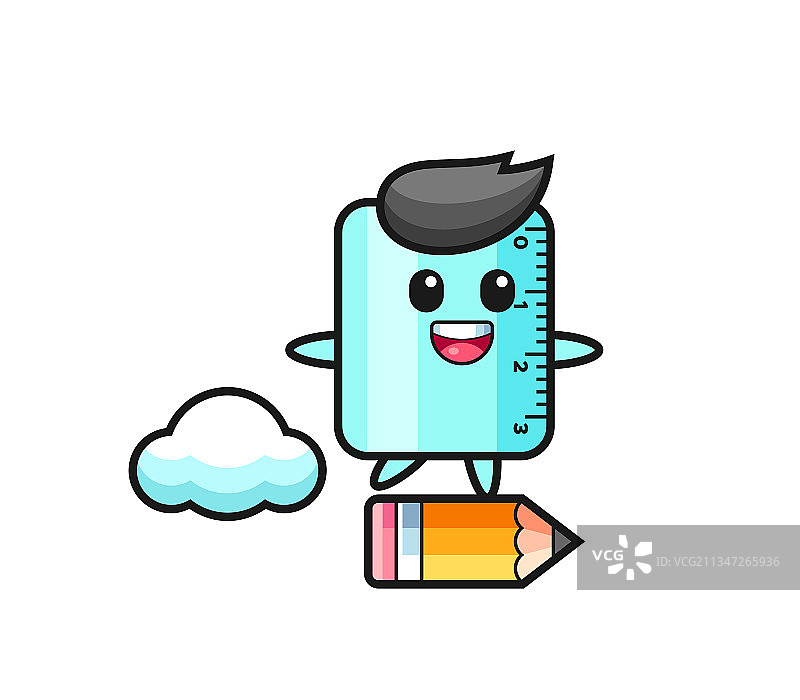 尺子吉祥物骑在巨大的铅笔上图片素材
