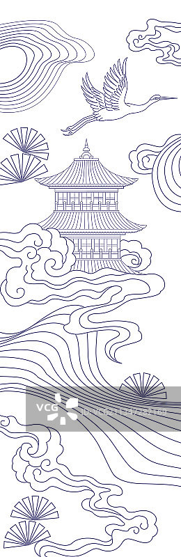 中国风线条山水图案白色背景图片素材