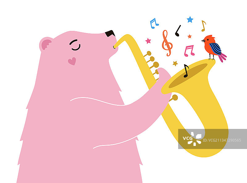 粉色小熊吹萨克斯，红色小鸟图片素材