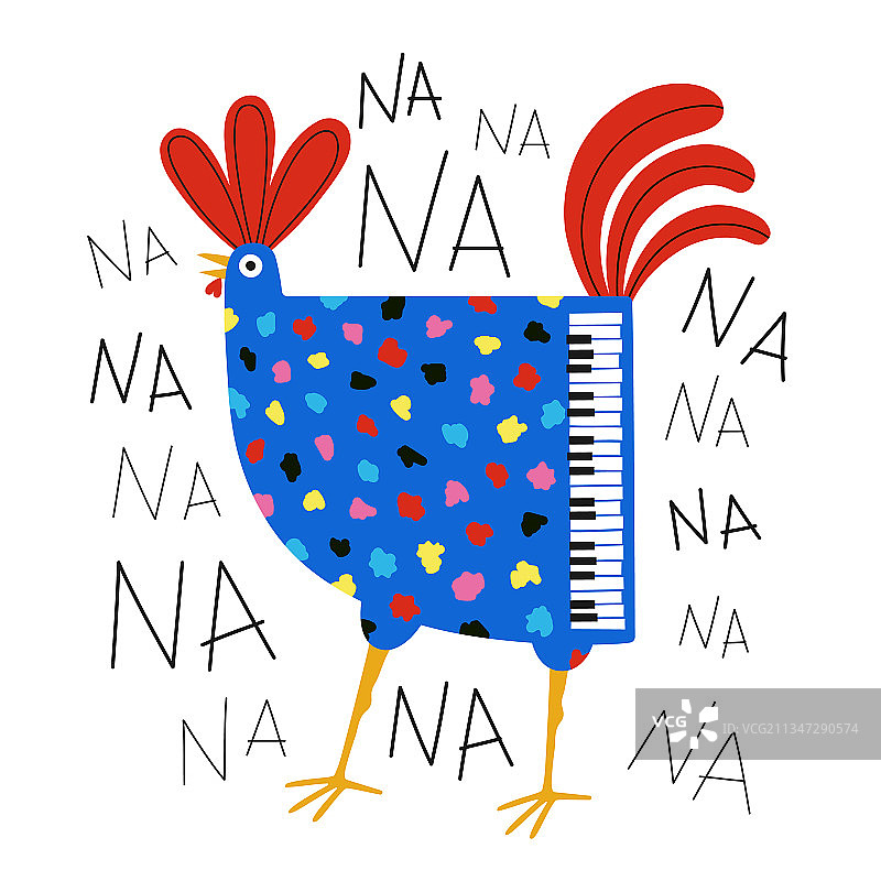 有趣的蓝色小鸡与钢琴键图片素材
