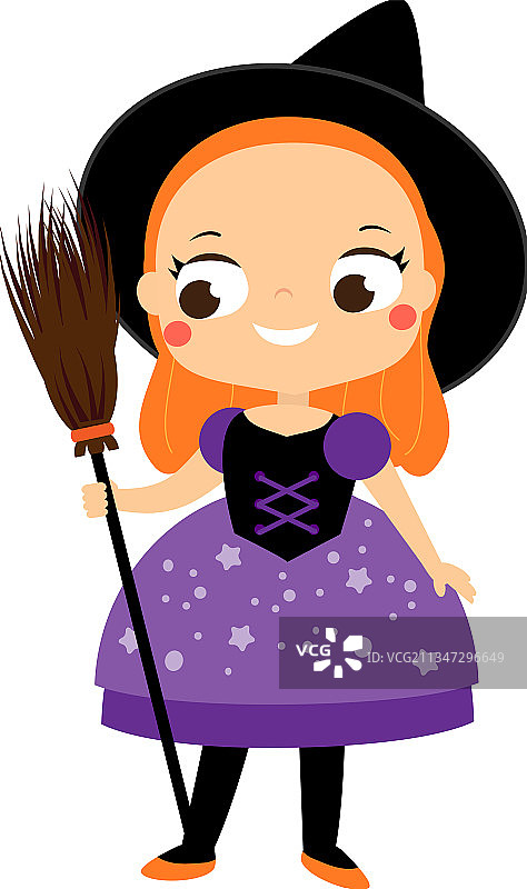 万圣节卡通女巫与扫帚可爱角色图片素材