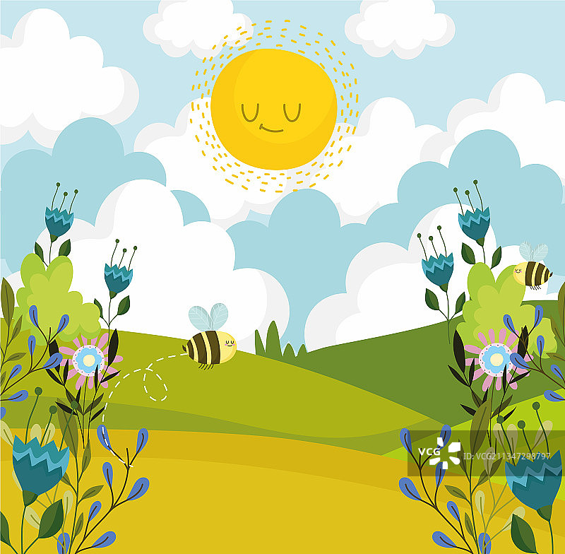 蜜蜂、鲜花和天空图片素材