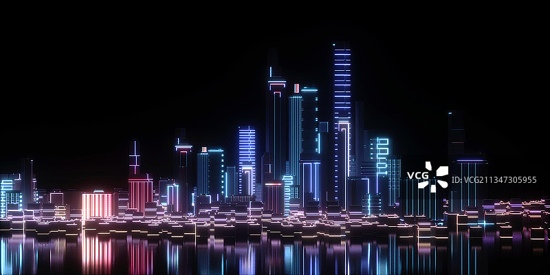 3D夜景下的城市霓虹灯图片素材