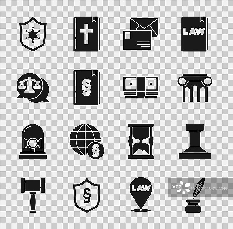 羽毛笔、墨水瓶、邮票和法律支柱图片素材