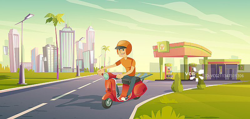 骑自行车离开环保加油站的男人图片素材