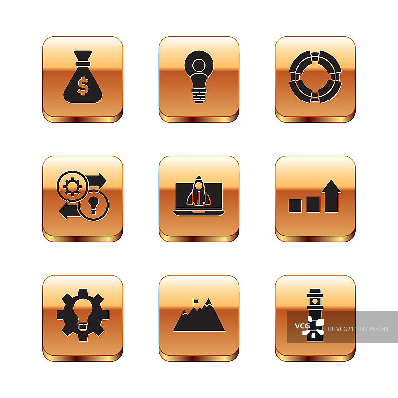 钱袋、灯泡、齿轮和山脉图片素材