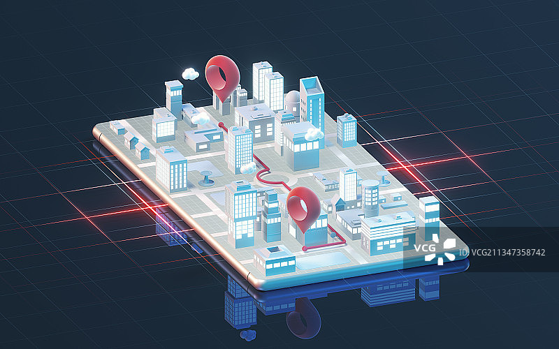 手机上的城市与导航 3D渲染图片素材