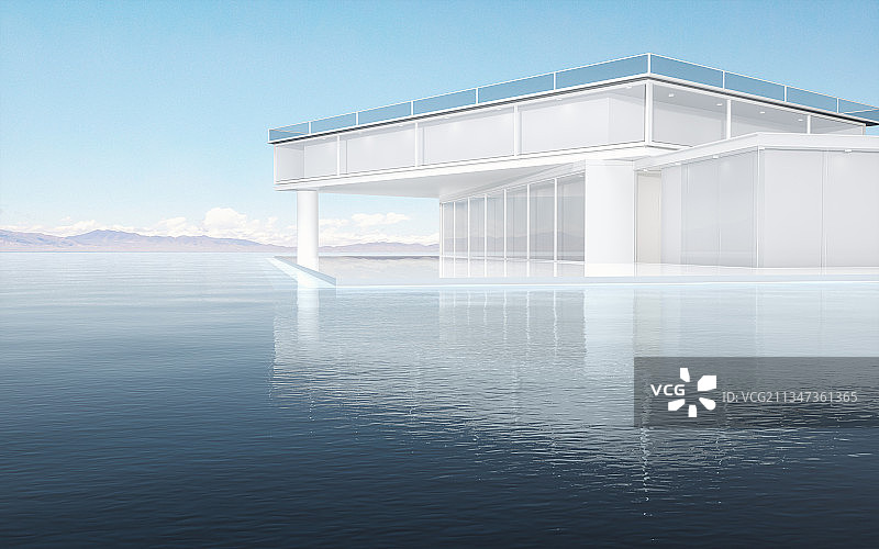 湖面上的现代建筑 3D渲染图片素材