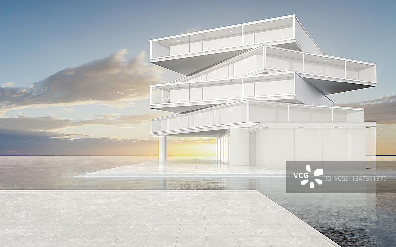 湖边的现代建筑与地面 3D渲染图片素材