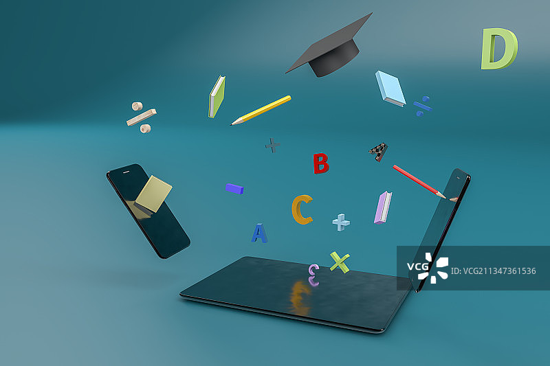 3D渲染的电子产品和学习用具图片素材