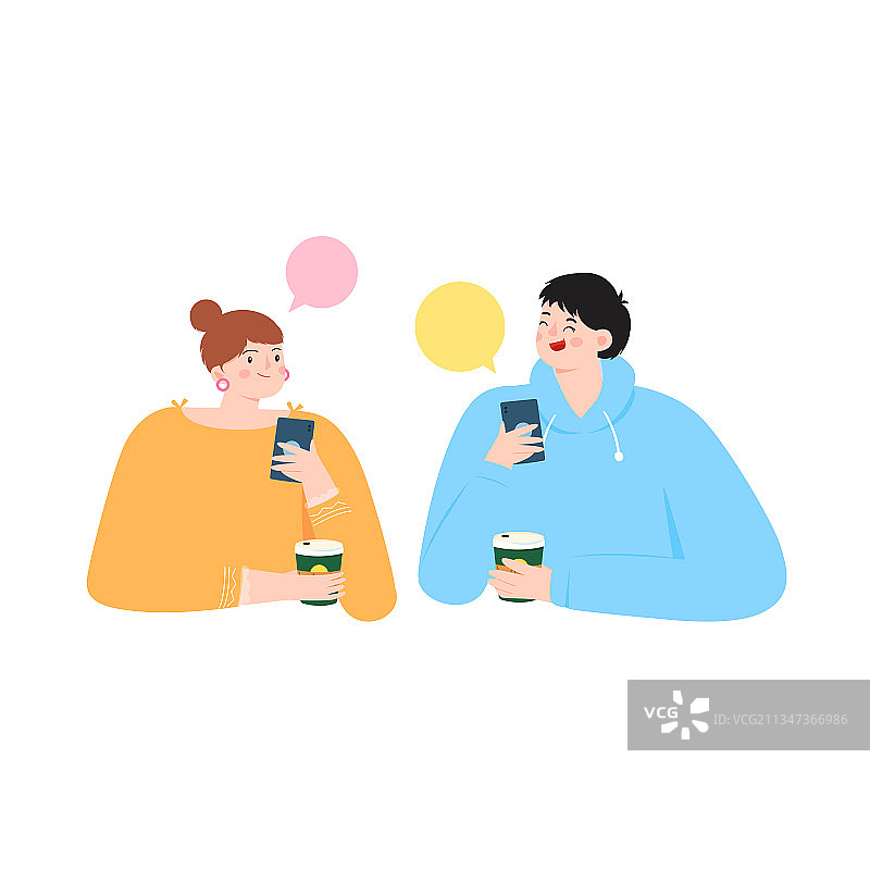 年轻的情侣手拿咖啡杯矢量人物插画图片素材
