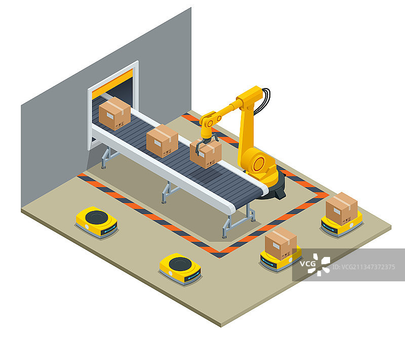 2.5D黄色机械臂搬运纸箱图片素材
