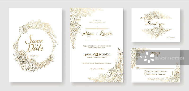 金色婚礼邀请函，保存日期，感谢您图片素材