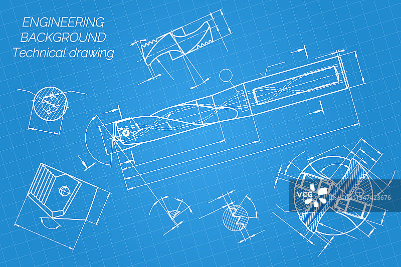 蓝色背景的机械工程图纸图片素材