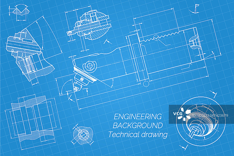 蓝色背景的机械工程图纸图片素材