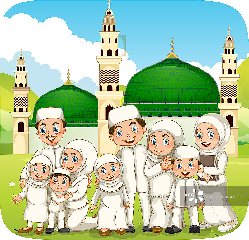 卡通风格的穆斯林家庭户外场景图片素材