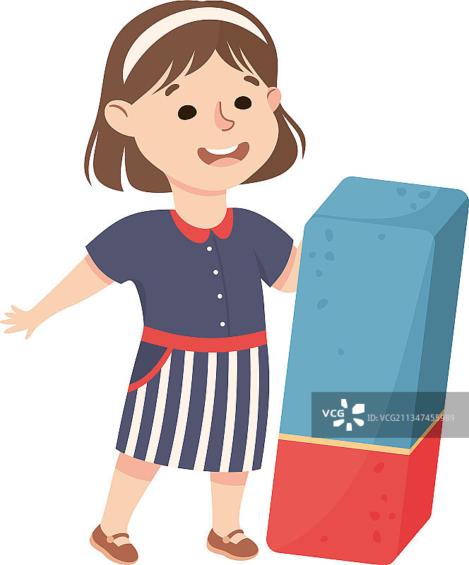 拿着巨大橡皮擦作为学校文具的可爱女孩图片素材