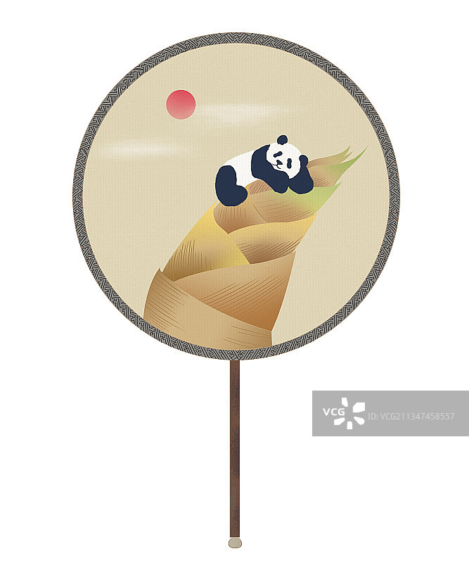 中国风四川成都国宝大熊猫复古团扇趣味可爱中国画写意竹笋插画图片素材