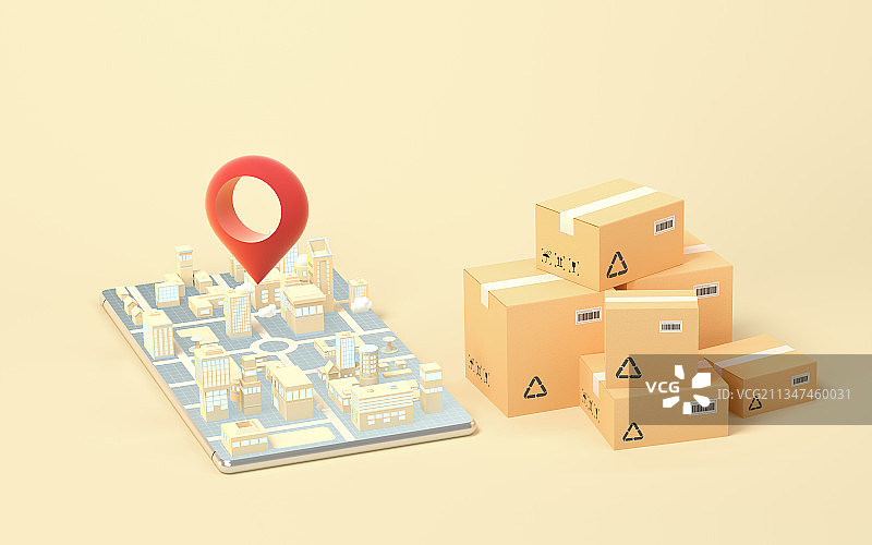 手机上的城市与物流包装箱 3D渲染图片素材