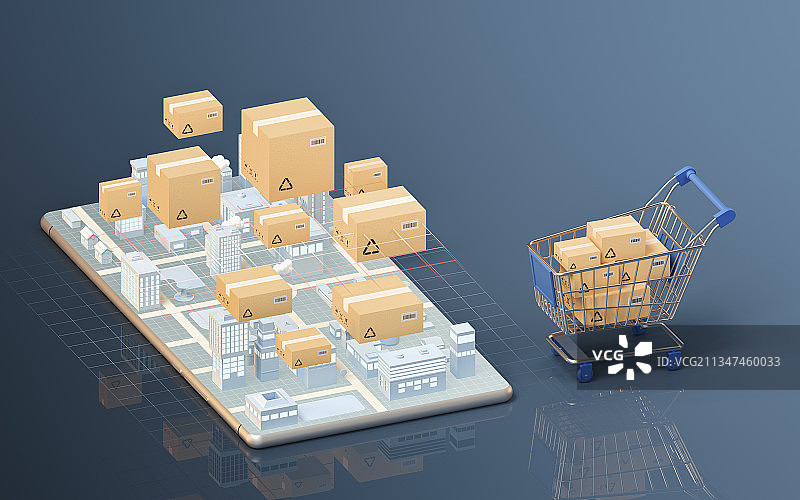 手机上的城市与物流包装箱 3D渲染图片素材