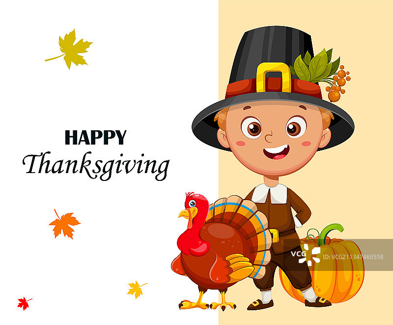 感恩节快乐，可爱的小朝圣者男孩图片素材