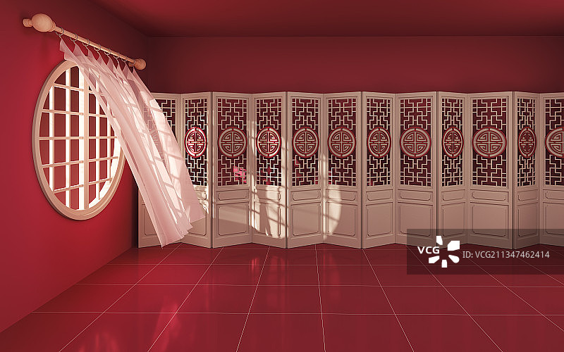 中国风木制屏风与空地面 3D渲染图片素材