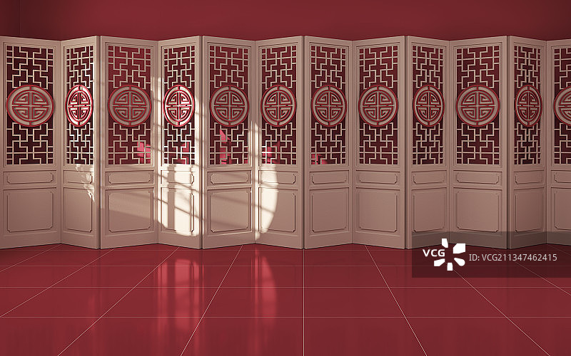 中国风木制屏风与空地面 3D渲染图片素材