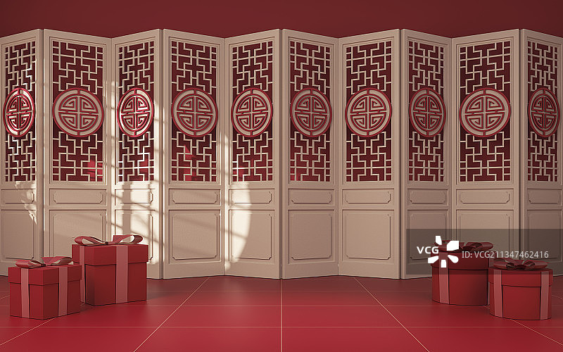 中国风木制屏风与空地面 3D渲染图片素材