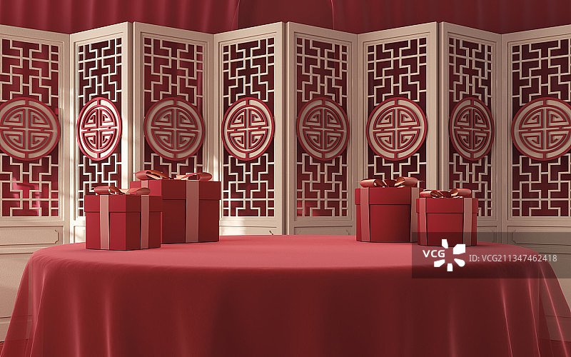 中国风木制屏风与桌面 3D渲染图片素材