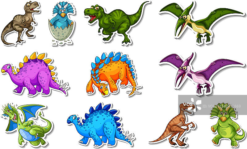 不同类型的恐龙贴纸套装图片素材