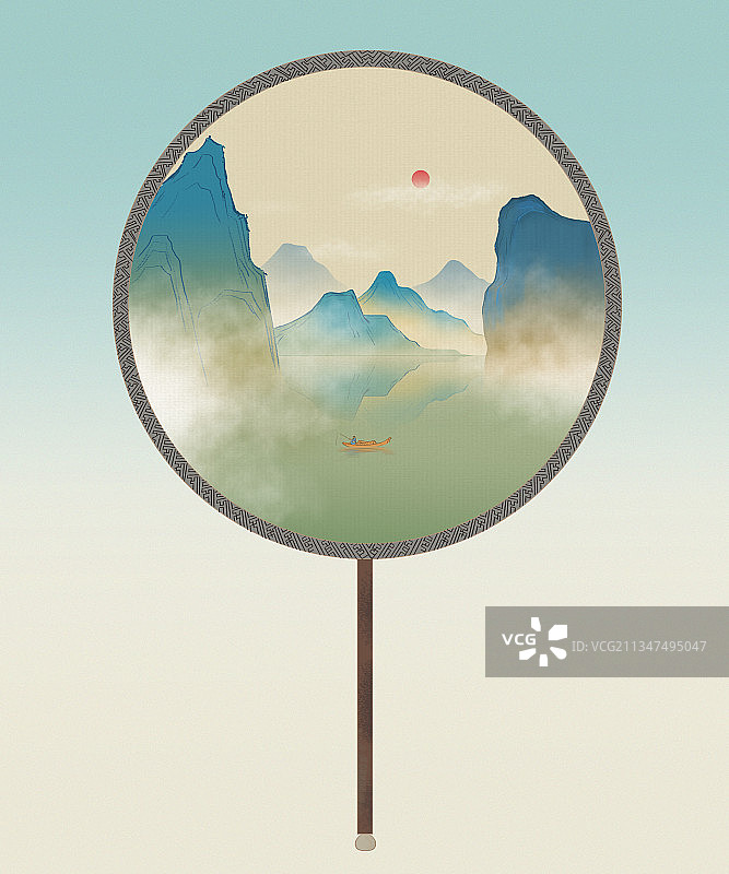 中国风复古团扇新中式中国画工笔山水青绿山水画团扇背景插画图片素材