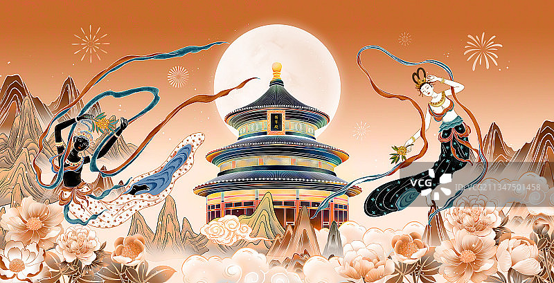 中秋节天坛敦煌壁画飞天插画海报图片素材